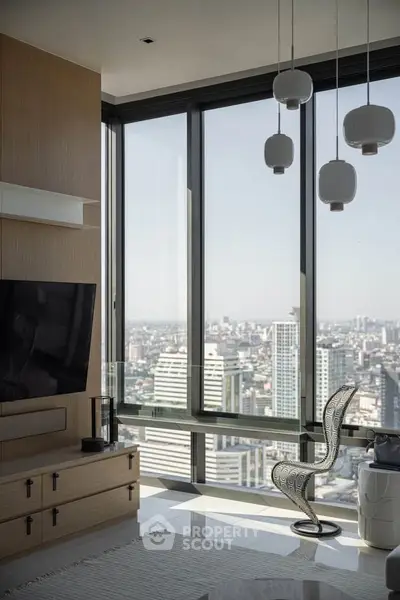Luxurious modern living room with panoramic city view and stylish decor