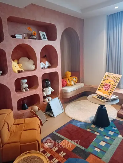 Chic and playful living room with unique shelving and cozy seating area, perfect for modern family living.
