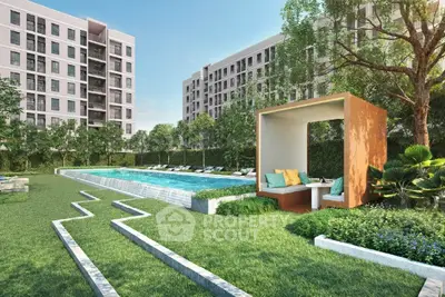 Luxurious apartment complex with poolside cabana and lush green landscaping.