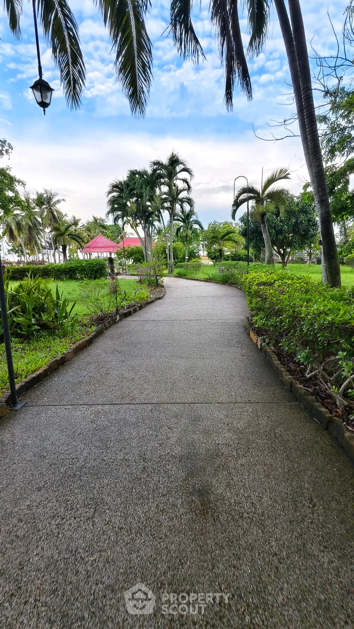 Scenic garden pathway with lush greenery and palm trees, perfect for tranquil outdoor living.
