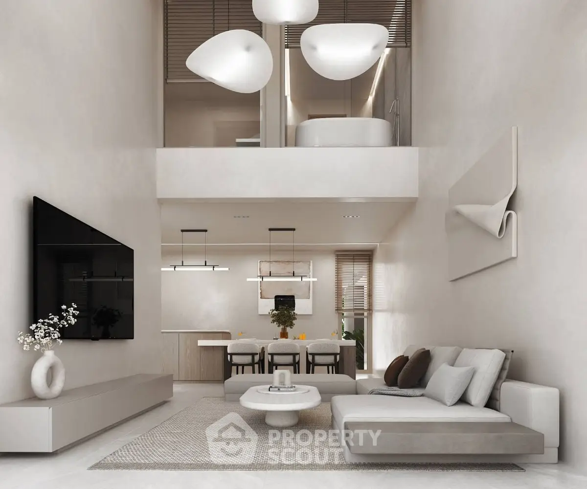 Luxurious modern living room with high ceilings and elegant decor