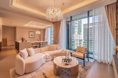 Luxurious modern living room with elegant decor and stunning city view