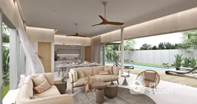 Luxurious open-plan living room with pool view, featuring modern furniture and seamless indoor-outdoor flow.