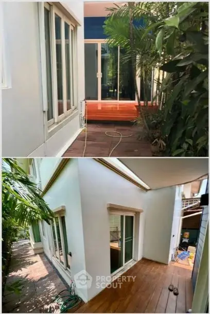 Charming garden view with wooden deck and lush greenery, perfect for relaxation and outdoor enjoyment.