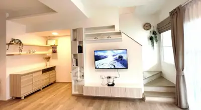 Modern living room with sleek TV setup and stylish shelving