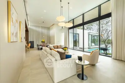Luxurious modern living room with pool view and elegant decor