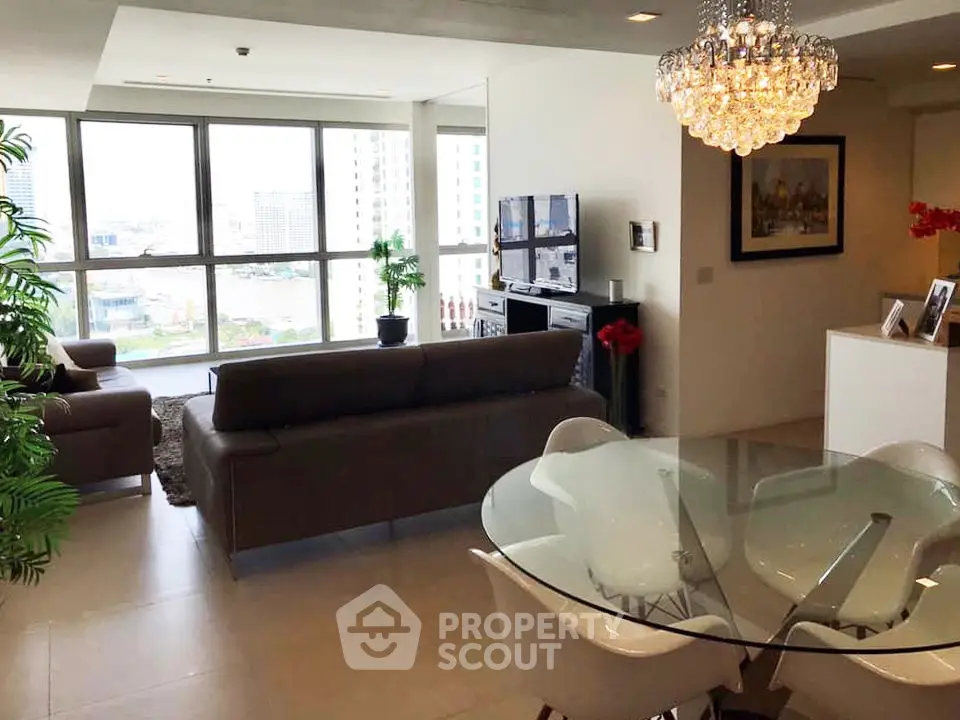 Luxurious living room with modern decor and stunning city view