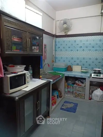 Cozy kitchen with vintage cabinets and modern appliances in a compact layout.
