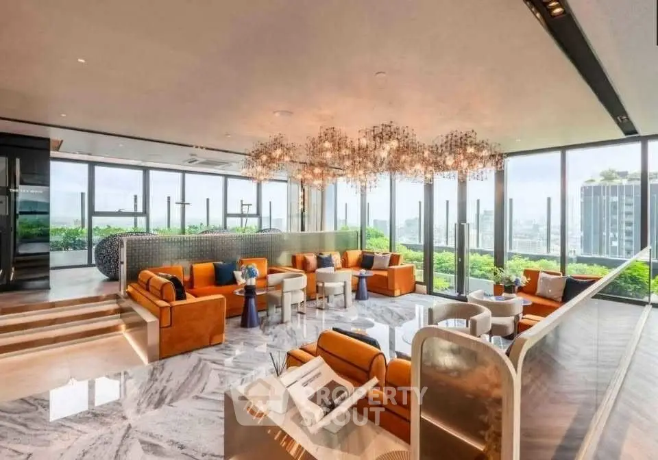 Luxurious penthouse living room with panoramic city views and elegant modern decor.