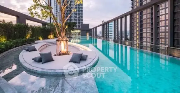 Luxurious rooftop infinity pool with stunning cityscape views in modern high-rise building.