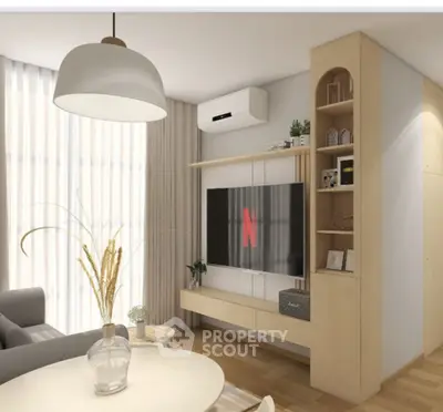 Modern living room with stylish decor and wall-mounted TV