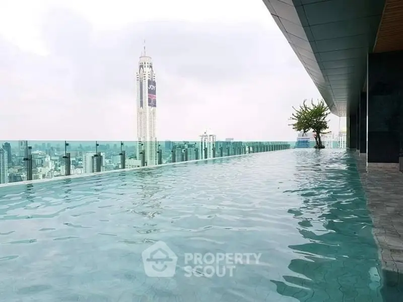 Luxurious rooftop infinity pool with stunning city skyline view.