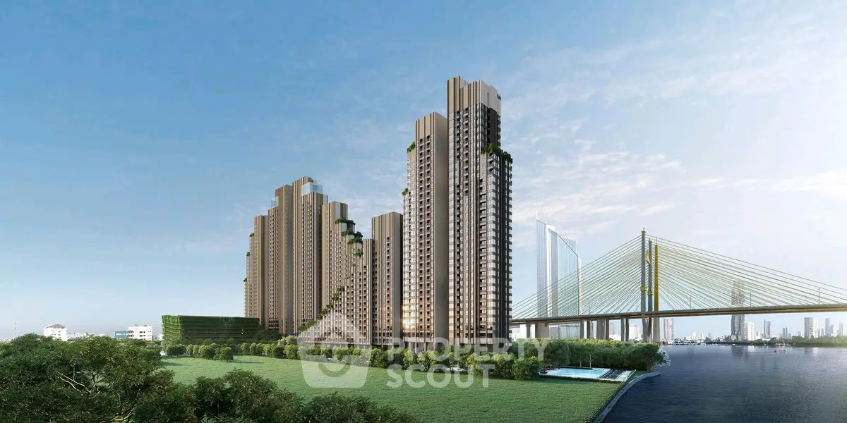 Stunning riverside high-rise buildings with lush greenery and iconic bridge view.