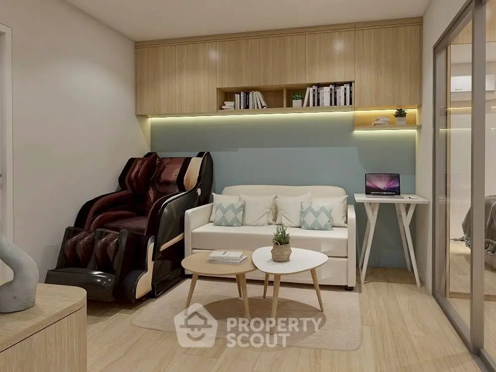 Modern living room with massage chair and stylish decor