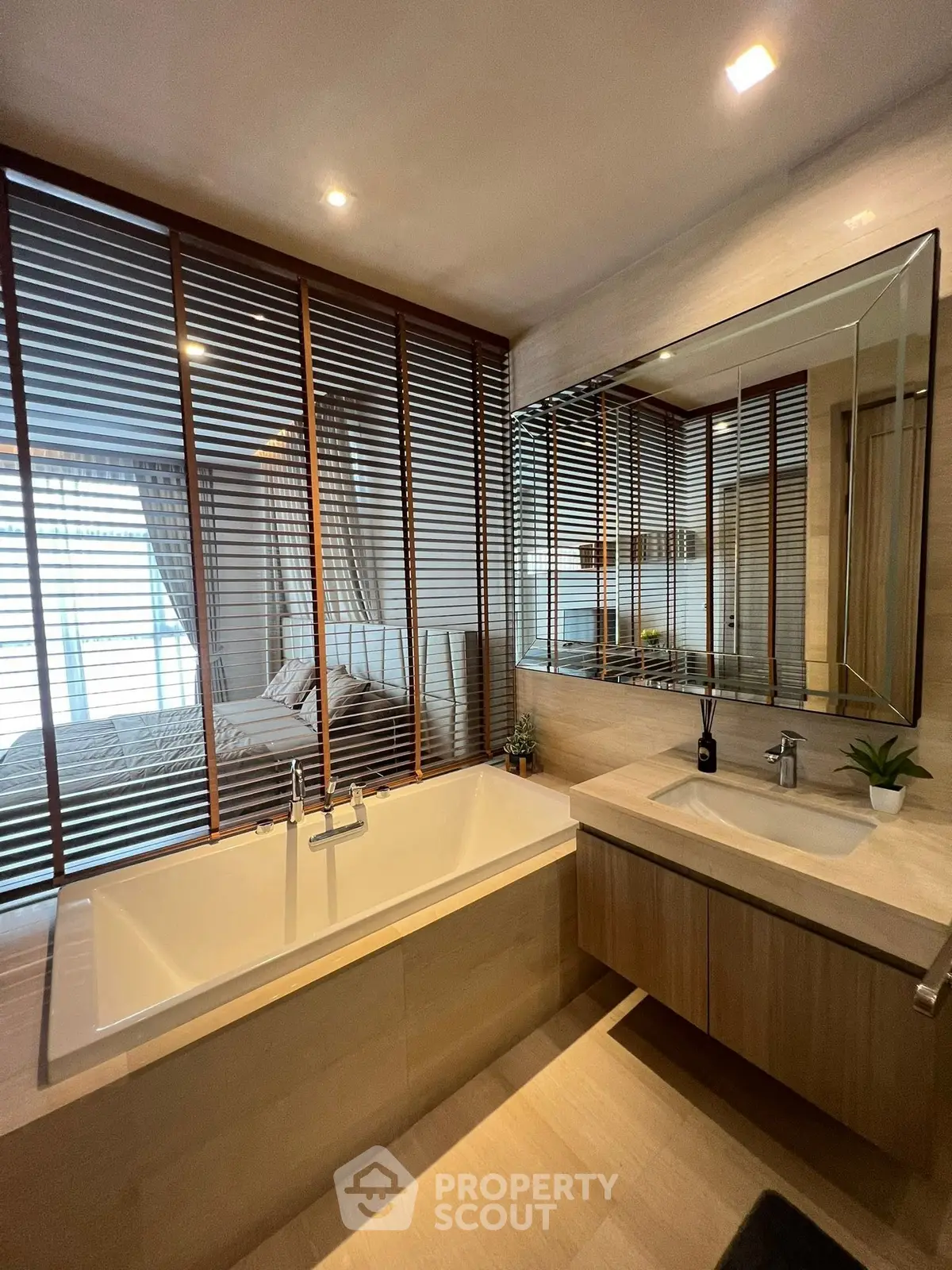 Luxurious bathroom with modern bathtub and stylish wooden accents