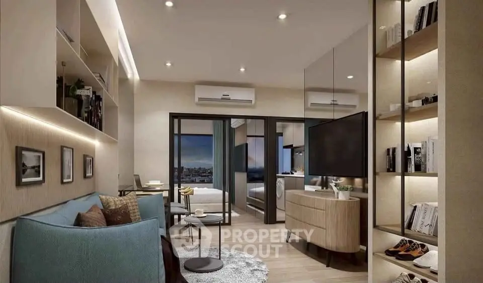 Modern living room with stylish decor and open layout, featuring a cozy seating area and elegant shelving.