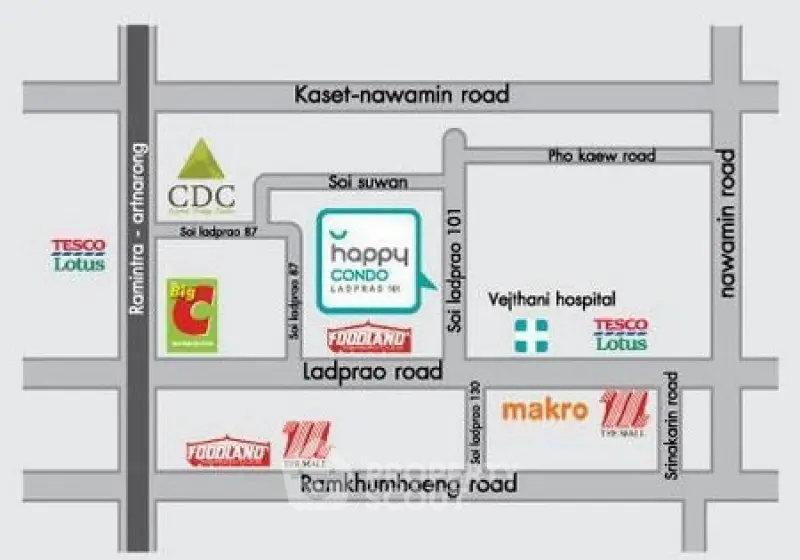 Map showing location of Happy Condo Ladprao with nearby amenities and roads.