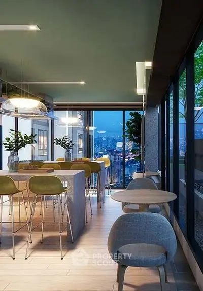 Modern dining area with city view and stylish seating in luxury apartment.