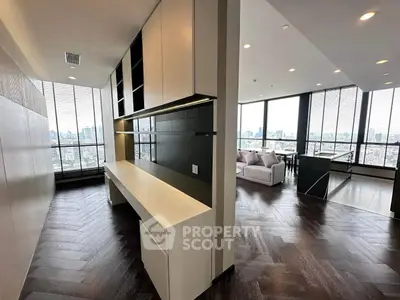 Luxurious modern living room with panoramic city views and elegant interior design