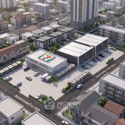 Aerial view of a commercial property with a convenience store and parking lot in a bustling urban area.