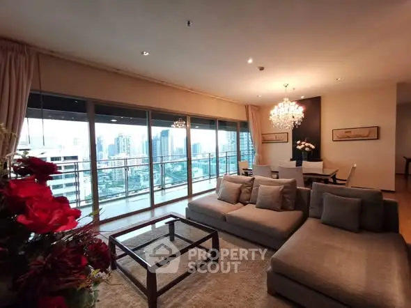 Luxurious living room with panoramic city view and elegant decor