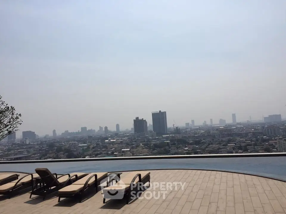 Luxurious rooftop pool with stunning city skyline view and sun loungers.
