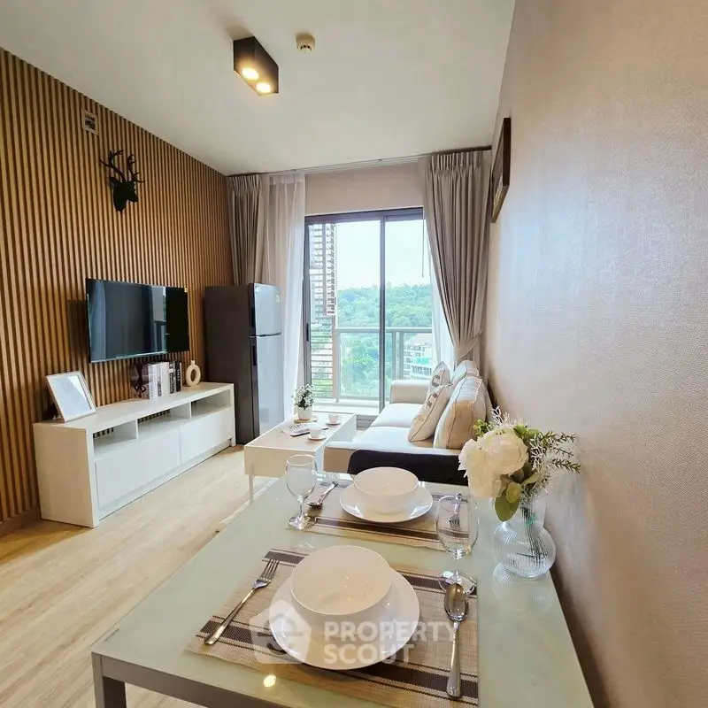 Modern living room with dining area and scenic view