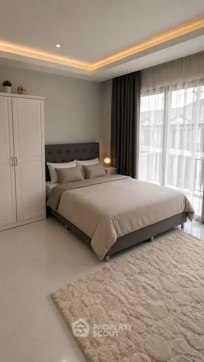 Elegant bedroom with modern decor, featuring a cozy bed, soft lighting, and large window for natural light.