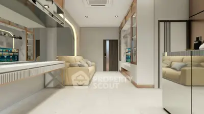 Modern living room with sleek design and comfortable seating in a contemporary apartment.