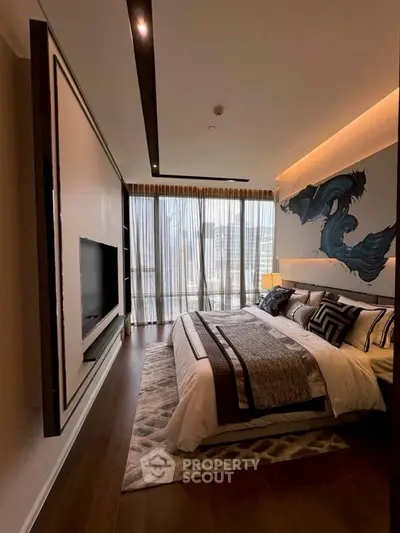 Luxurious bedroom with modern decor and city view, featuring elegant bedding and stylish wall art.