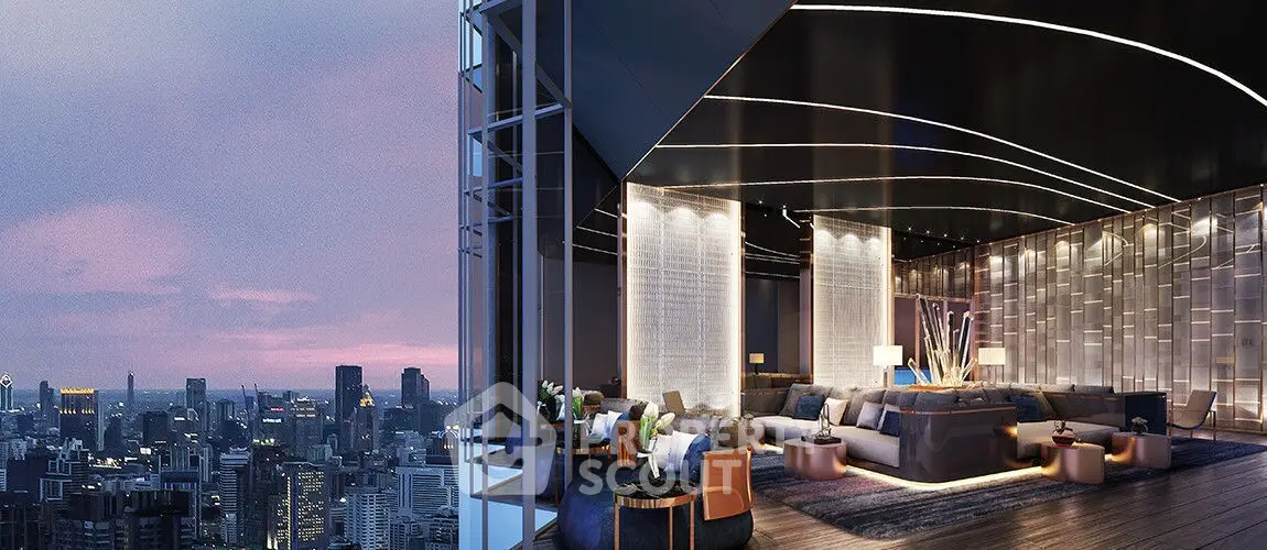 Luxurious high-rise living room with stunning city skyline view at dusk.