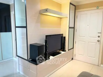 Modern living room with sleek entertainment center and stylish decor