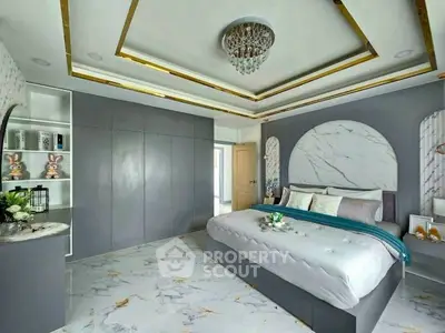 Luxurious modern bedroom with elegant marble flooring and stylish decor.