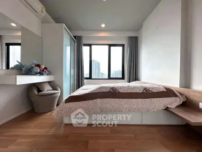 Modern bedroom with city view, featuring cozy bed and stylish decor, perfect for urban living.