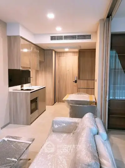 Modern apartment interior with compact kitchen and cozy living area