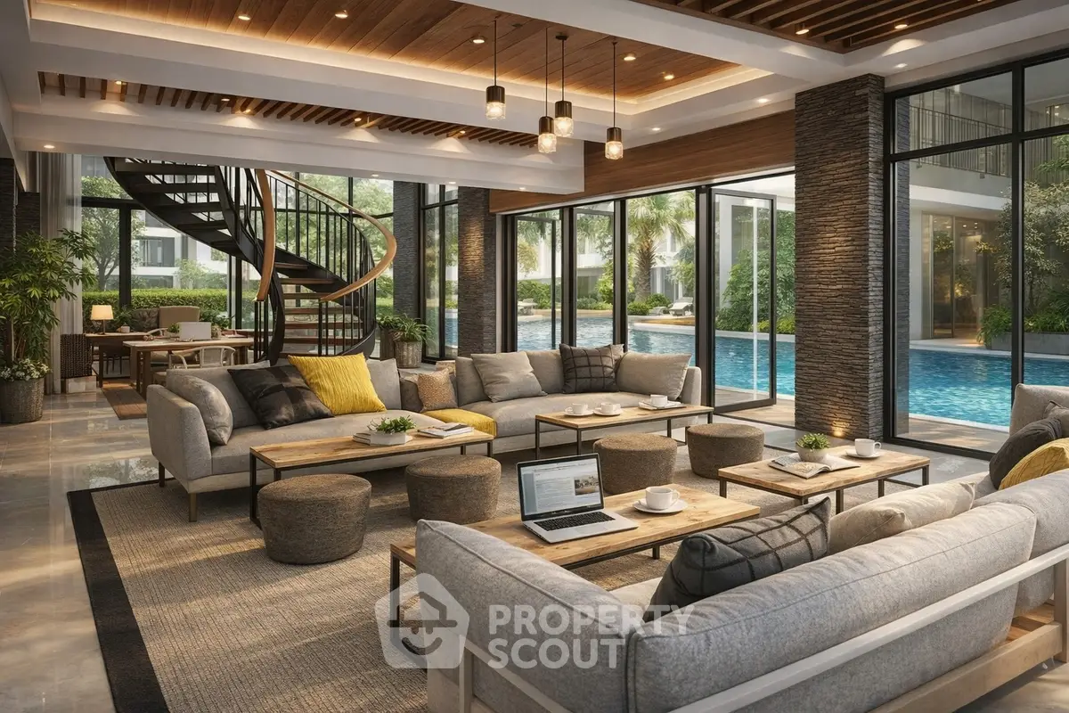 Luxurious modern living room with pool view and spiral staircase, perfect for relaxation and entertainment.