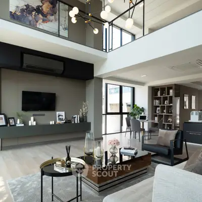 Luxurious modern living room with high ceilings and elegant decor