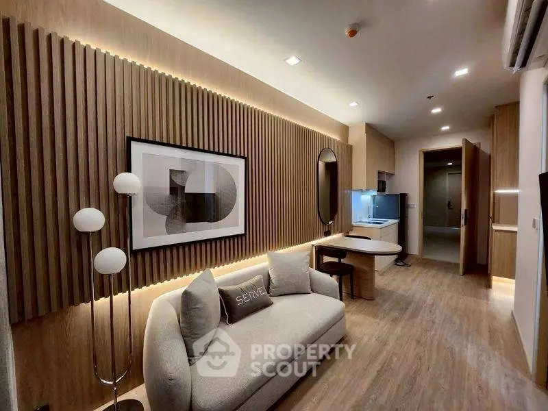 Modern living room with stylish decor and cozy seating area