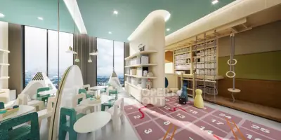 Modern children's playroom with panoramic city views and interactive play area.