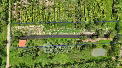 Aerial view of lush green agricultural land with a small water body and a red-roofed structure.