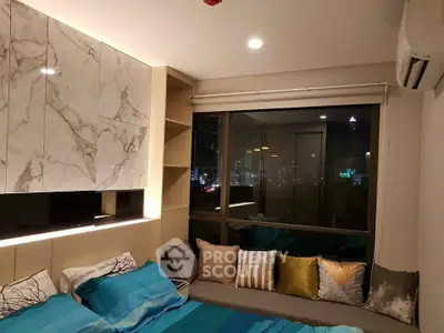 Luxurious bedroom with city view and modern decor