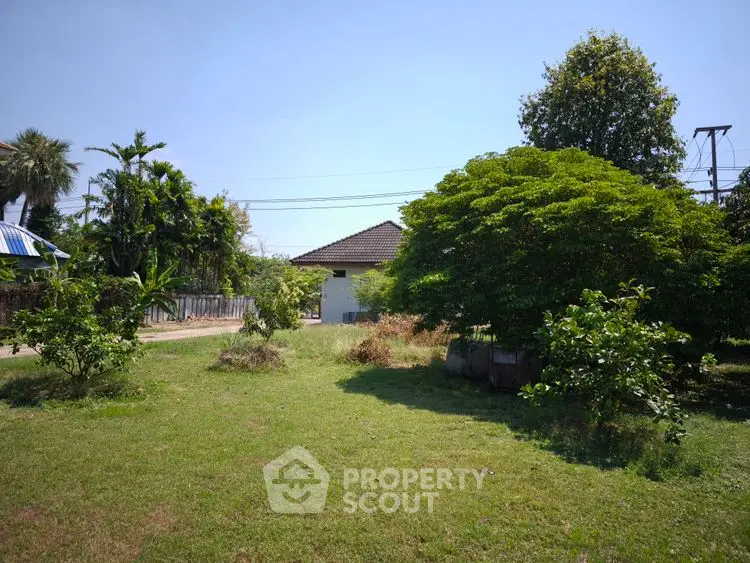 Spacious garden view with lush greenery and a charming house in the background.