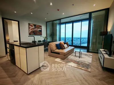 Luxurious modern living room with stunning city view and elegant open kitchen layout.