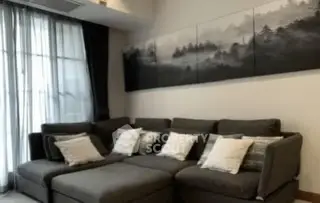 Modern living room with stylish gray sectional sofa and artistic wall decor