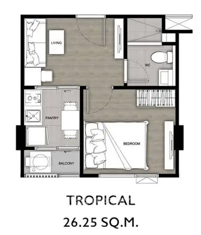 Compact 26.25 sqm tropical apartment floor plan with balcony and modern amenities.