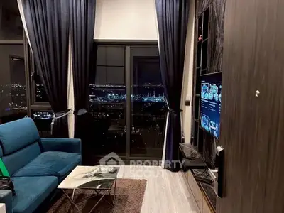 Luxurious living room with stunning night city view and modern decor