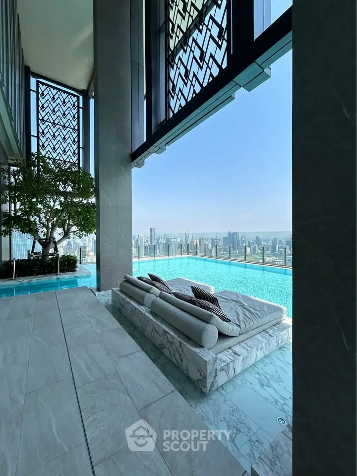 Luxurious rooftop pool with stunning city skyline view and elegant lounging area.