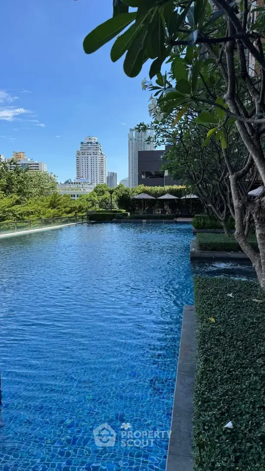 Luxurious outdoor pool with city skyline view and lush greenery