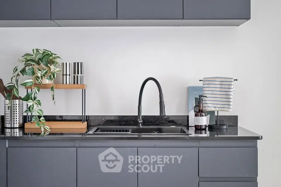 Modern kitchen with sleek cabinetry and stylish faucet, perfect for contemporary living.