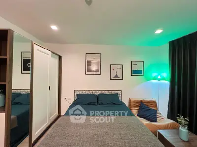 Cozy bedroom with modern decor and ambient lighting